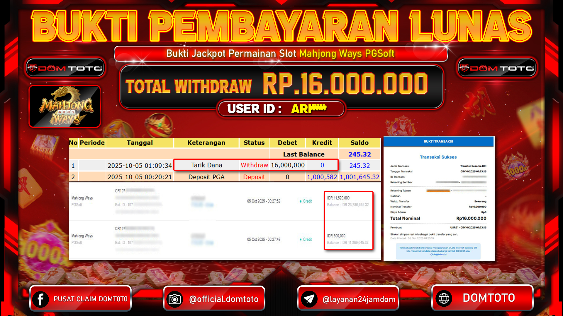 JACKPOT Slot Mahjong Ways PGSoft 05 OKTOBER 2025